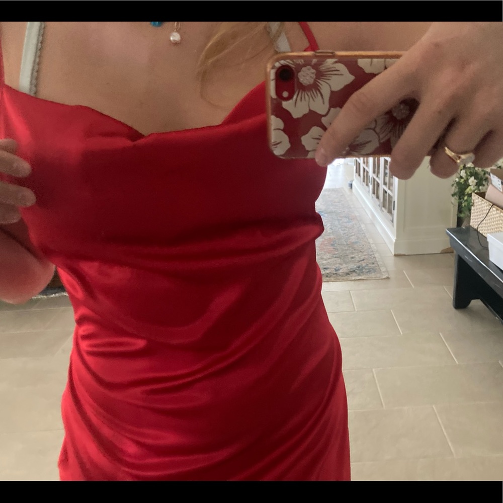 Red satin slip dress